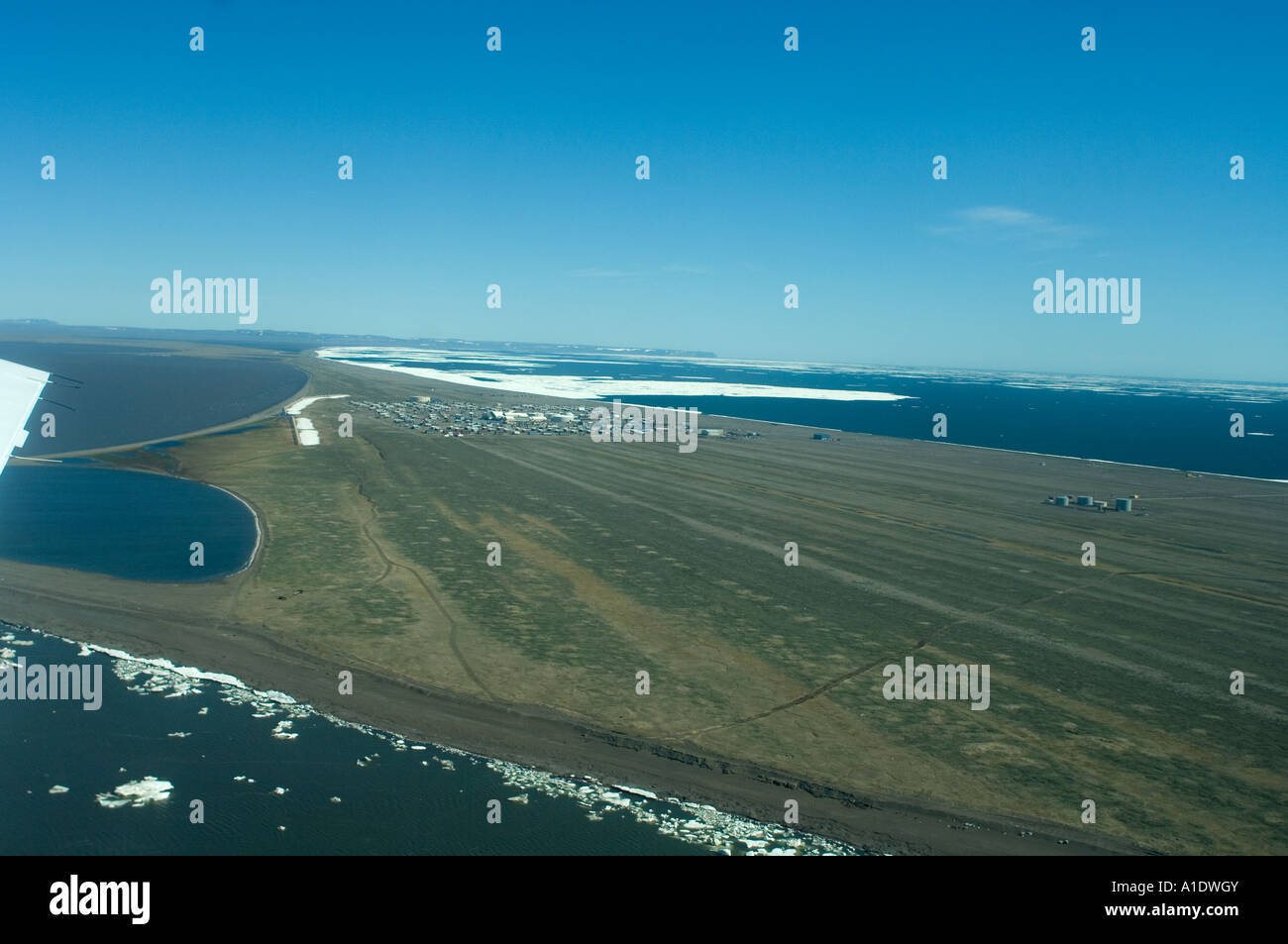aerial of the Inupiat village of Point Hope during spring breakup ...