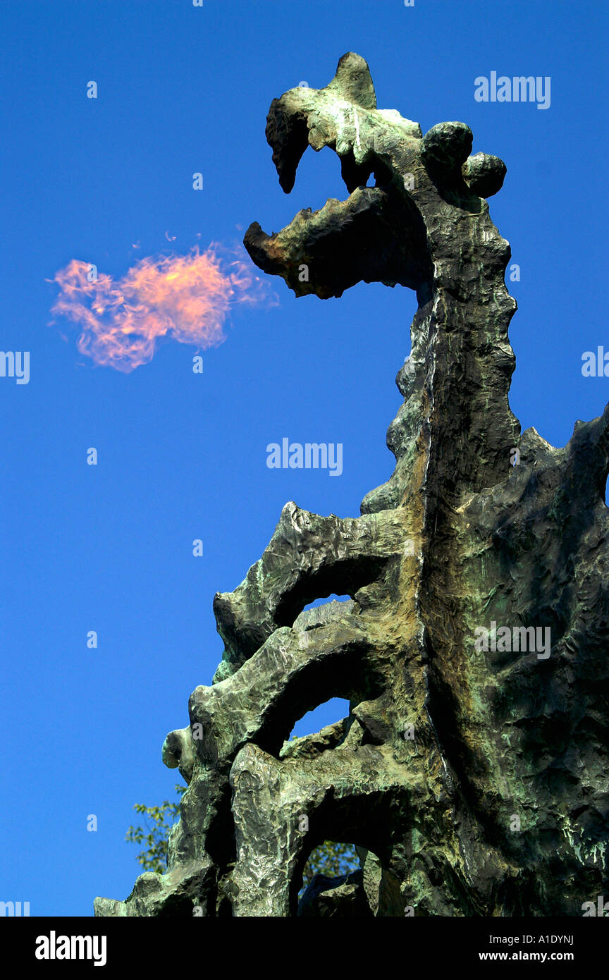 Smok Wawelski - Wawel Dragon spitting fire, statue sculpture over blue ...