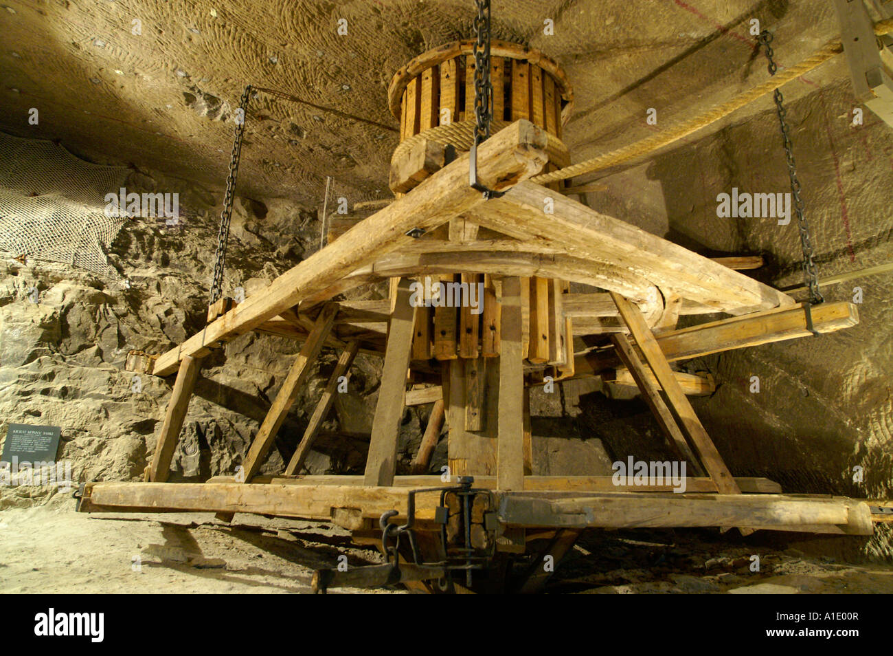 Medieval mining machinery wooden lift machine in Kopalnia solna