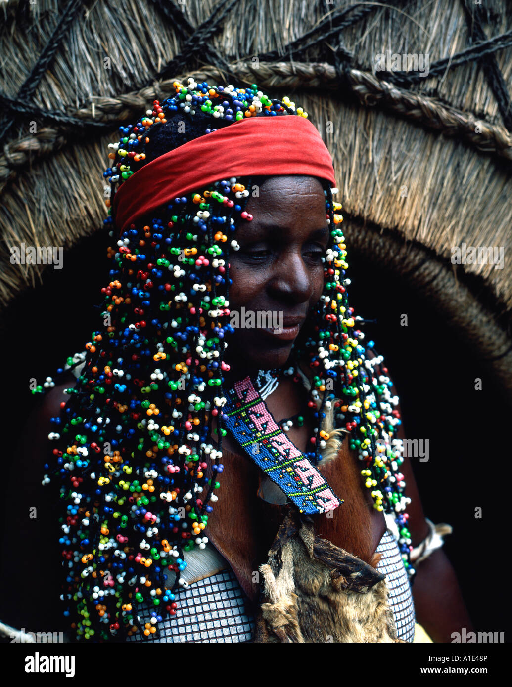 Zulu woman with traditional head dress  Zululand Natal South Africa Stock Photo