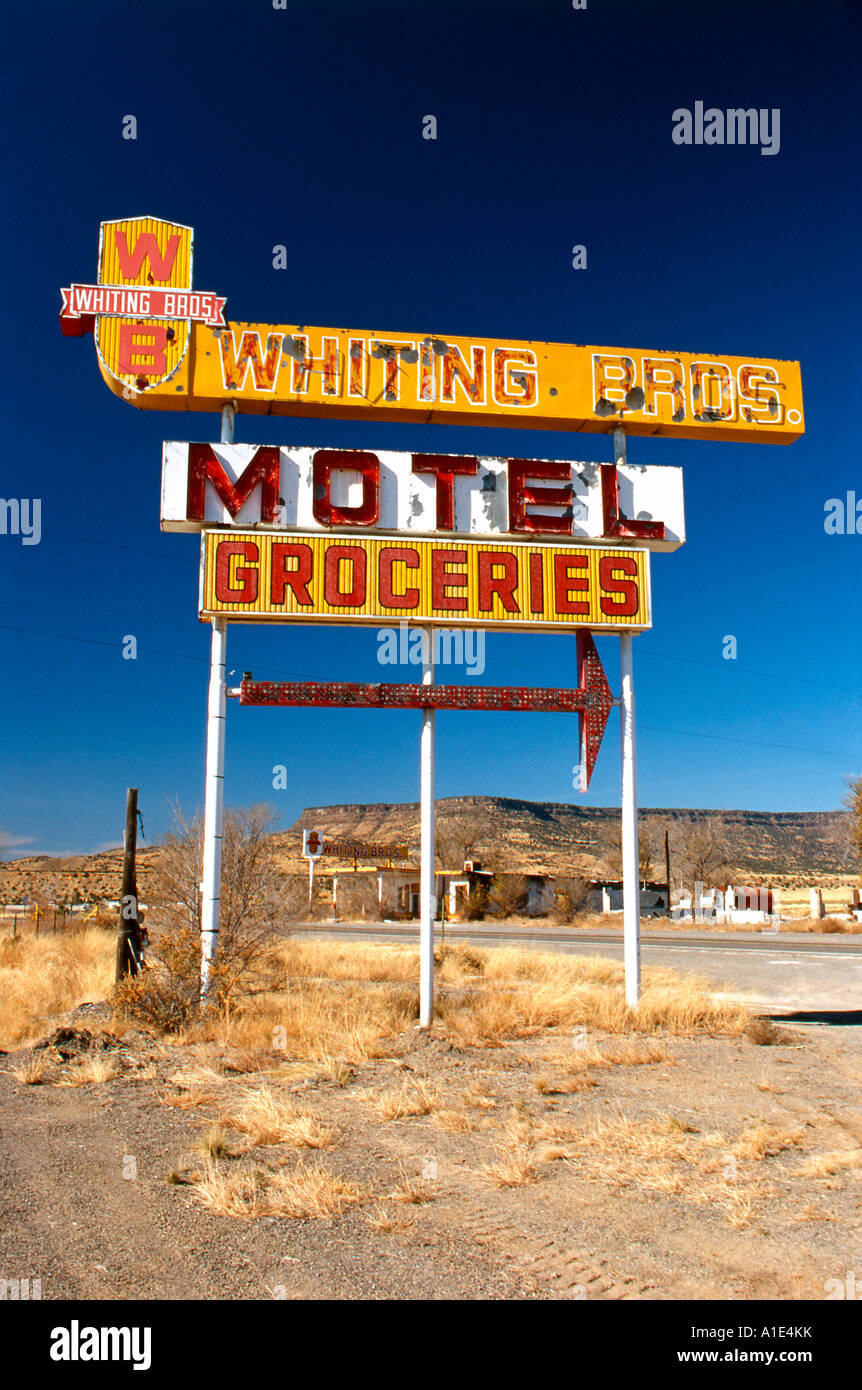 The old sign near the fire damaged Whiting Bros gas station at McCarty's,New Mexico USA Stock Photo