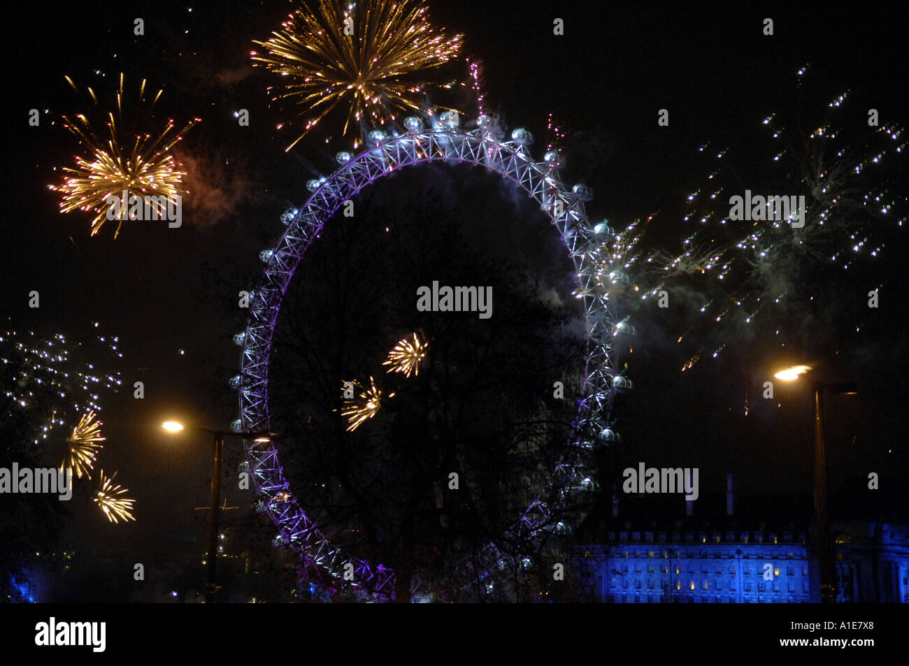 london eye  river thames southbank london horizontal new years eve celebration london england city night capital fireworks displ Stock Photo