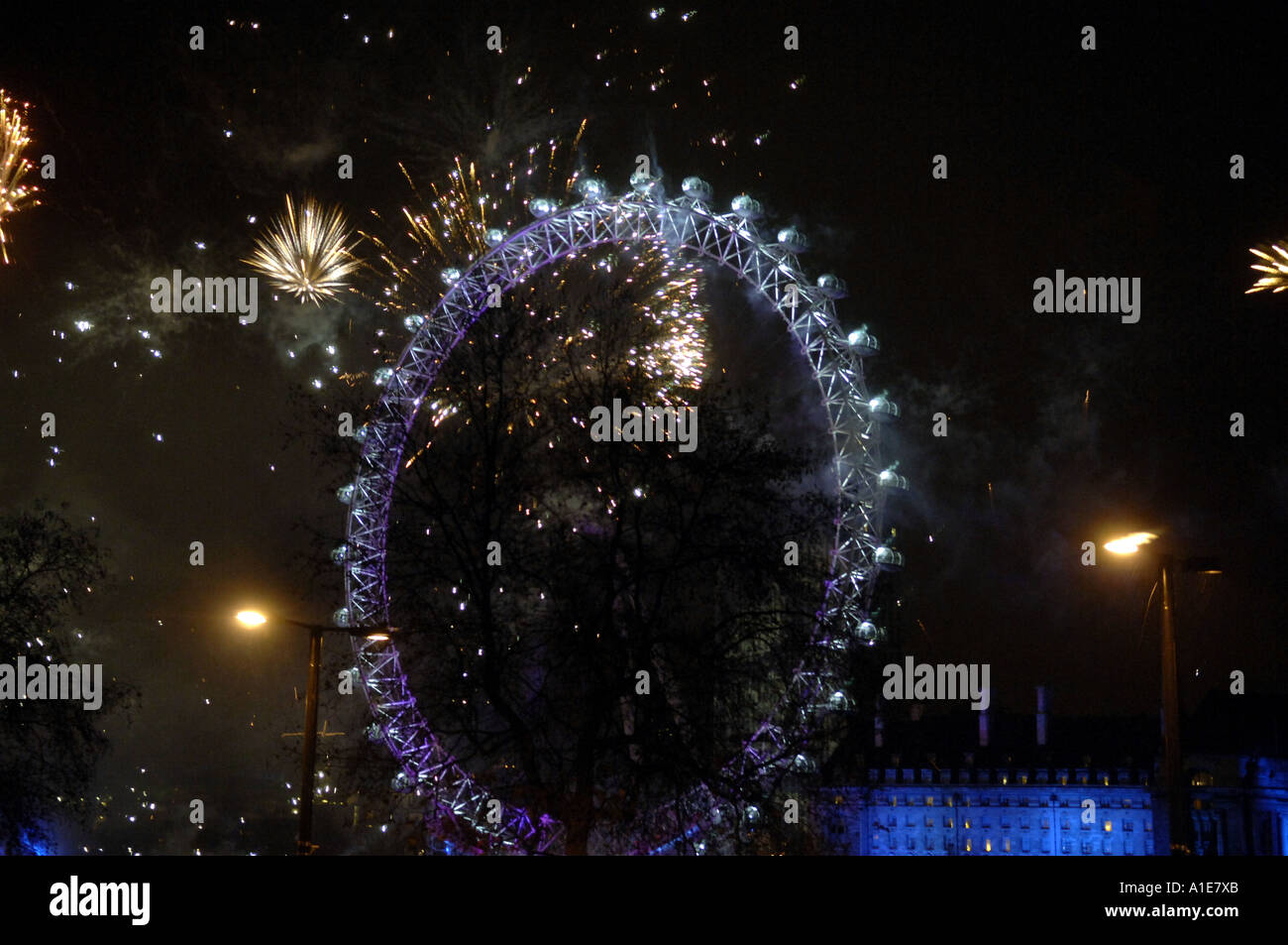 london eye  river thames southbank london horizontal new years eve celebration london england city night capital fireworks displ Stock Photo