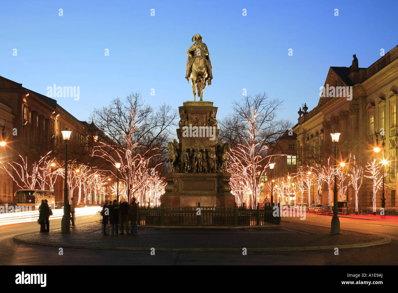 the statue of Frederick the Great in the middle of Unter den Linden in Berlin in christmasy light, Germany, Berlin Stock Photo