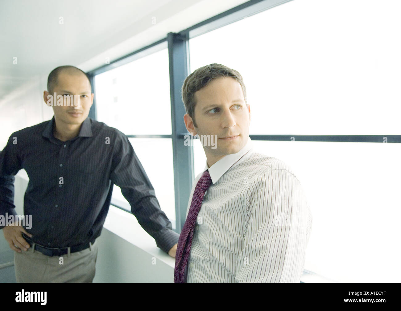 Two businessmen standing near window Stock Photo