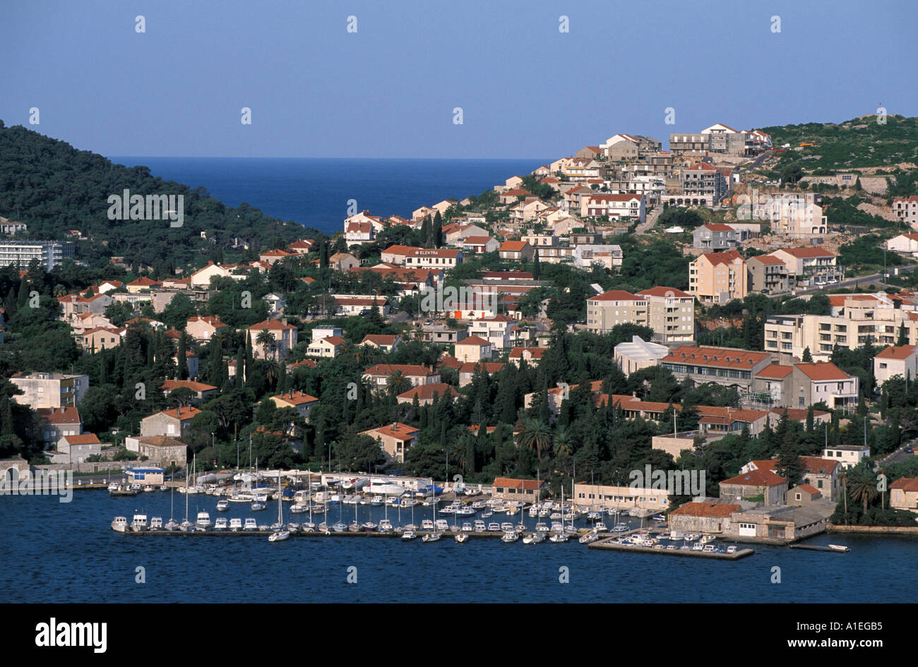Dubrovnik Croatia New City Marina with boats dalmatia dalmatian coast scenic landscape Stock Photo