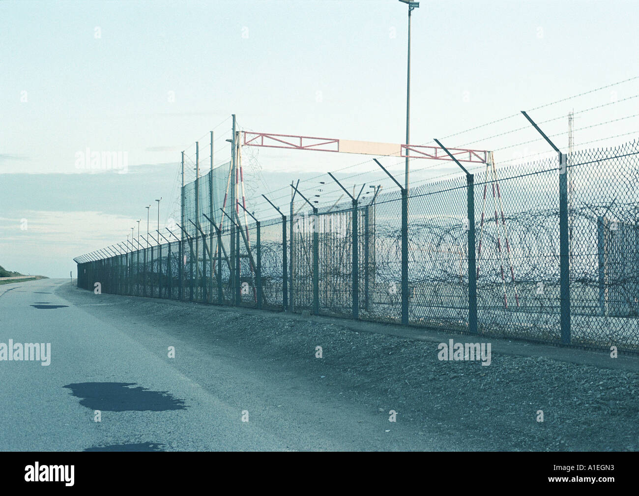 Heavily barb-wired fence around nuclear reprocessing center Stock Photo