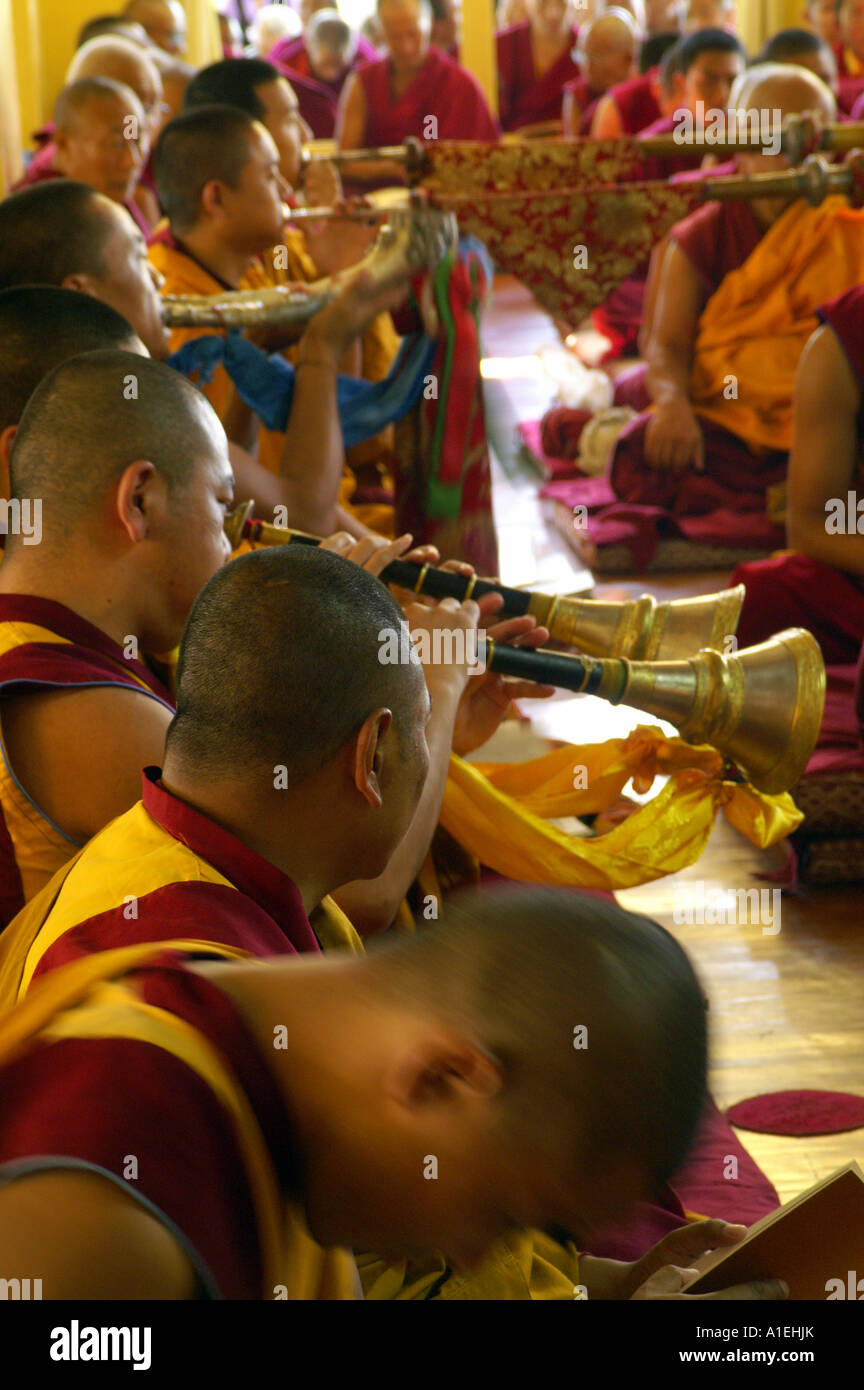 Monks blowing horns and trumpets in Namgyal monastery during prayers