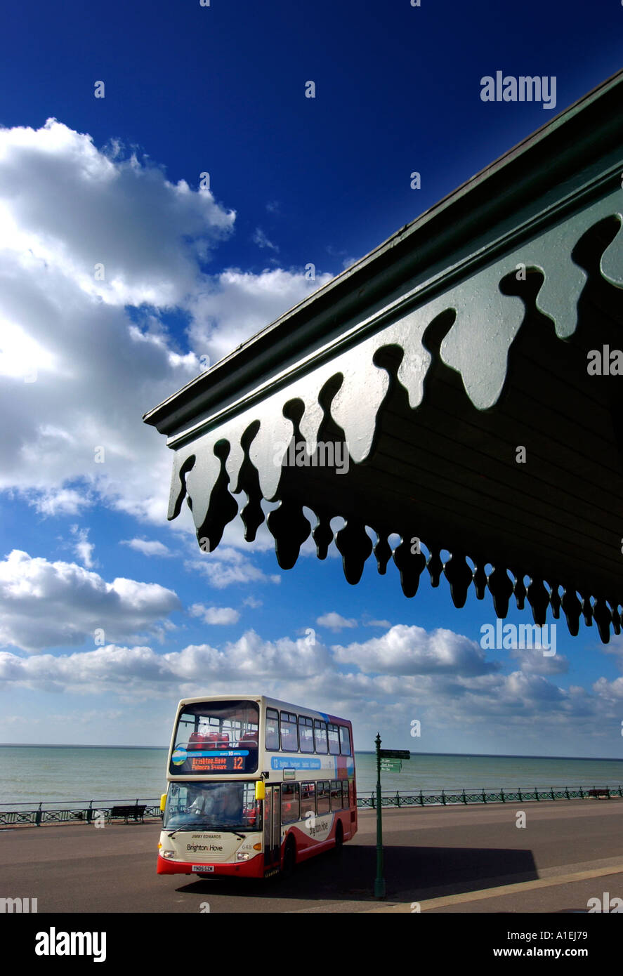 A traditional british double decker bus by the seaside on a summer day Stock Photo