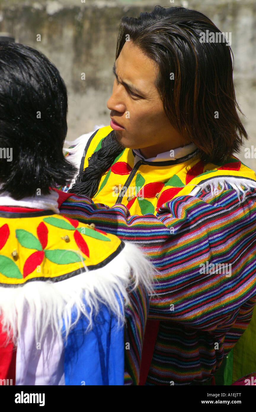 Two tibetan lhamo dancers ceremonially dressed waiting for Dalai Lama arrival, McLeod Ganj, India Stock Photo