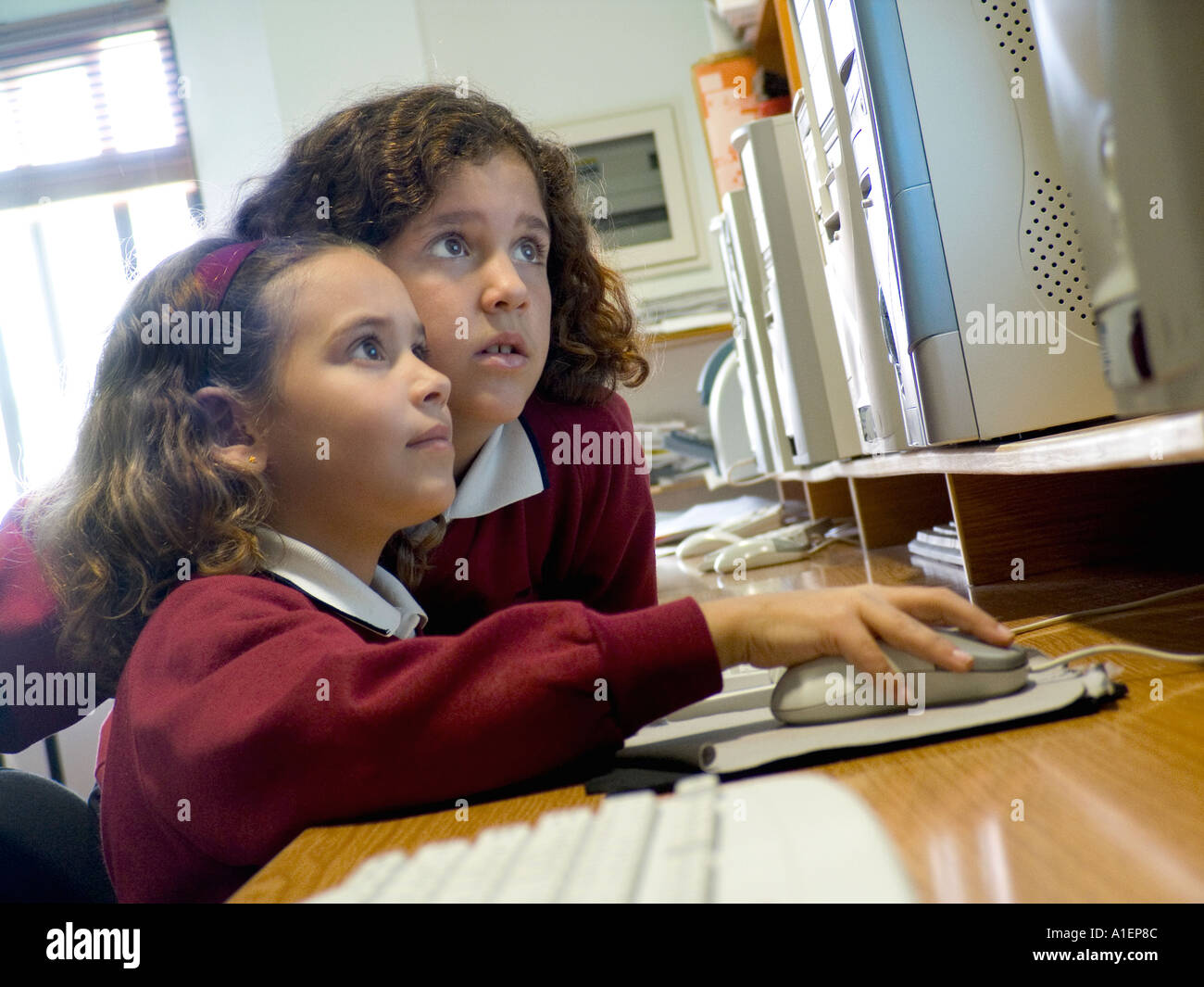 Two junior schoolgirls six to eight years work together on their computer terminal in school computer classroom Stock Photo