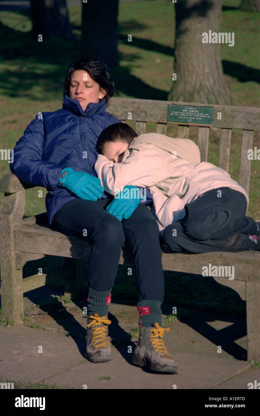 Mother and son asleep on a bench. Stock Photo