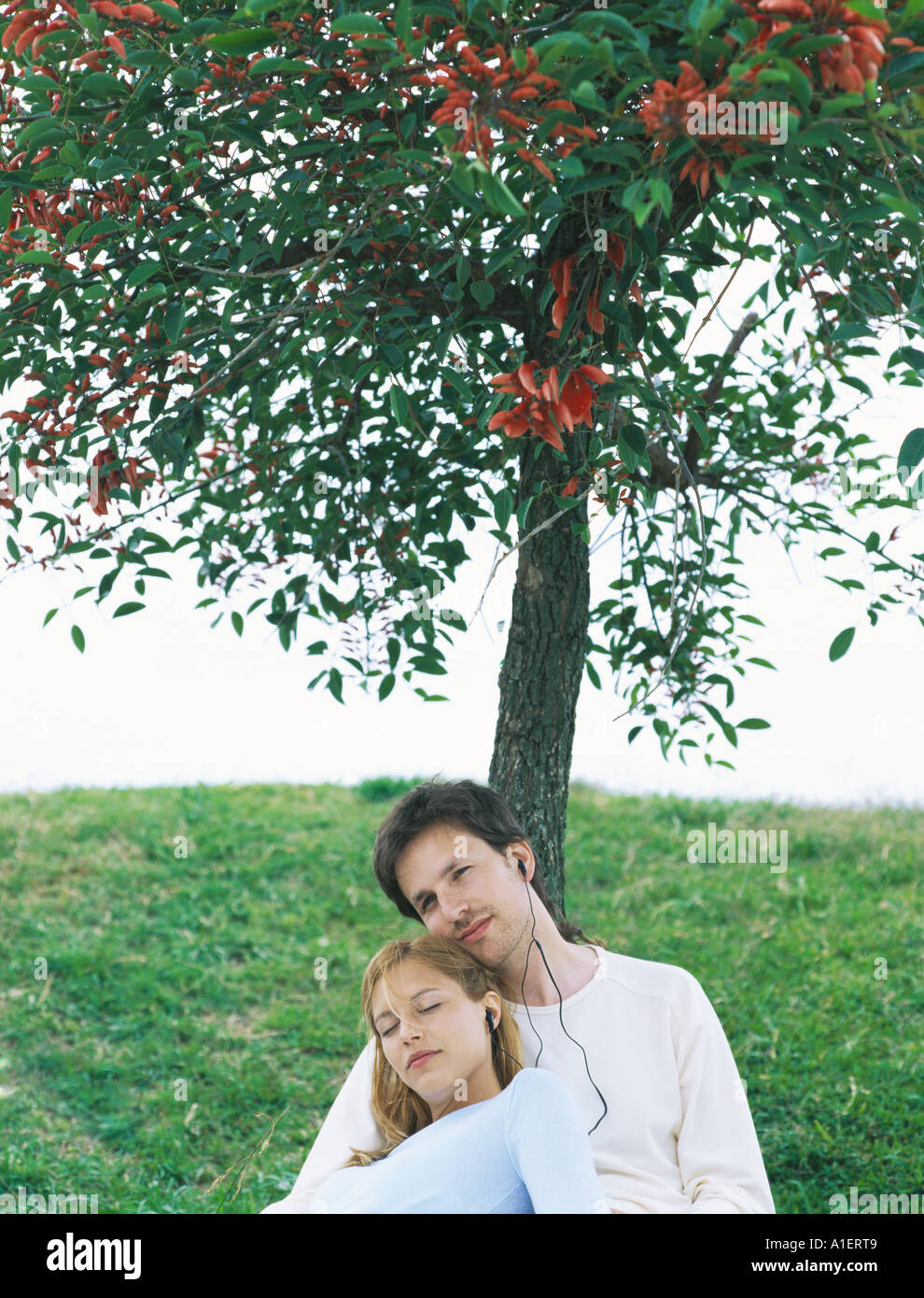 Couple sitting under tree listening hi-res stock photography and images ...