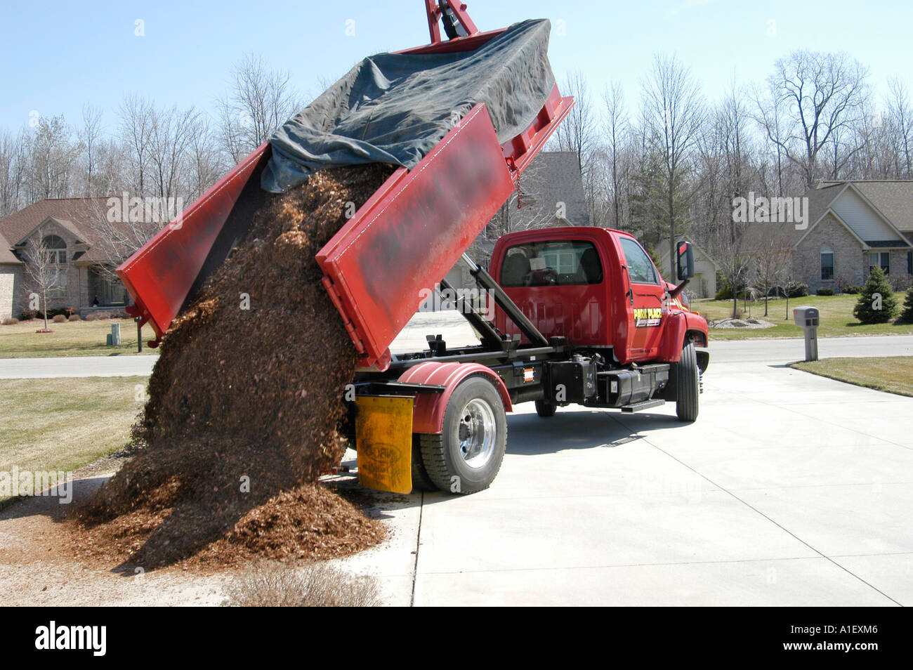 Dump truck drops load of mulch for use in landscaping and flower beds