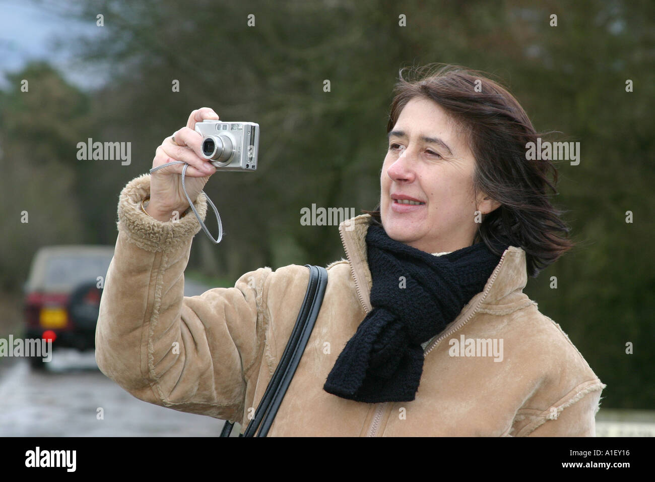 Lady taking picture with compact digital camera using LCD screen Stock ...