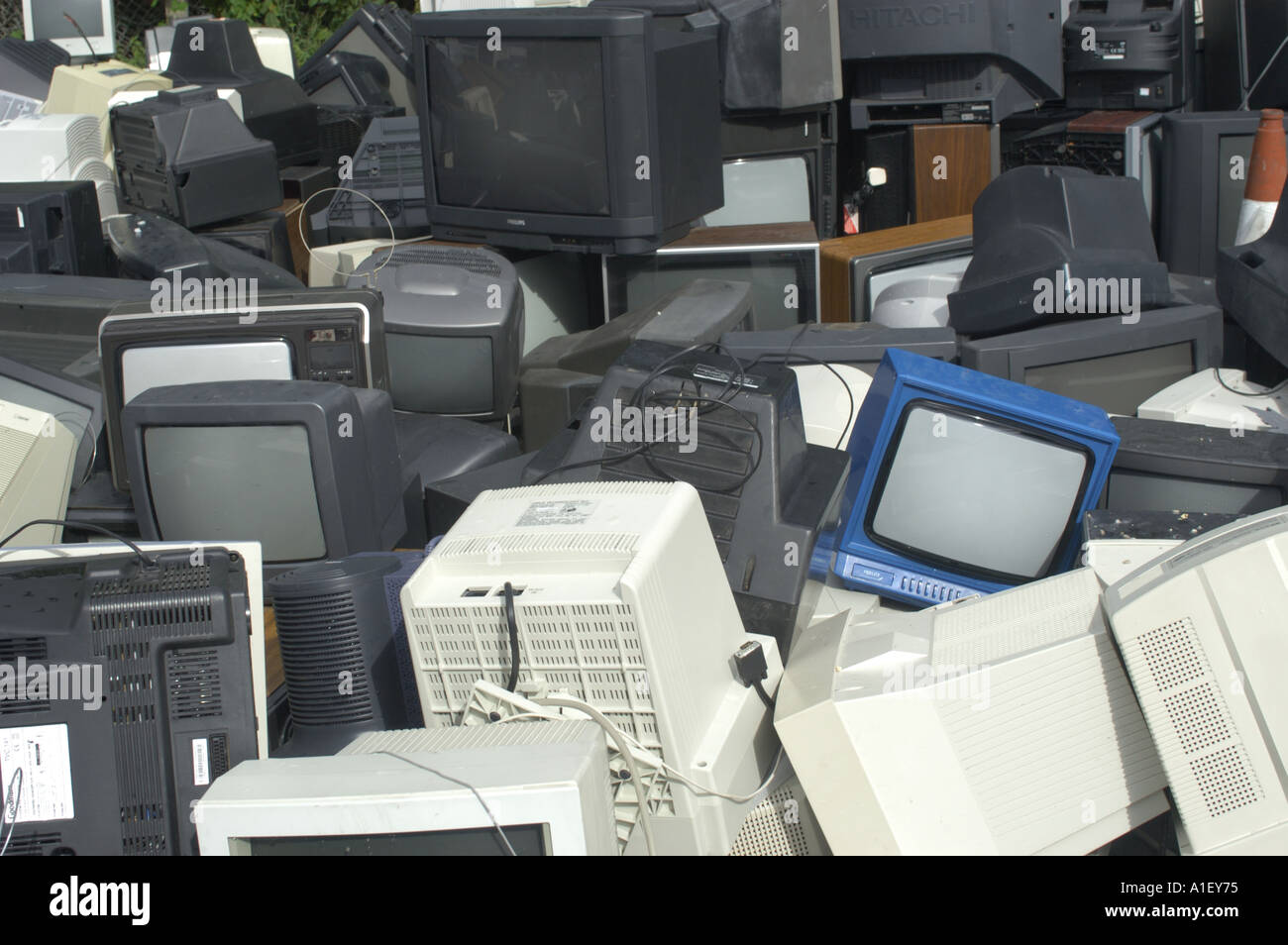 Scrapped Televisions and computer monitors at a recycling centre in Dorset England. Stock Photo