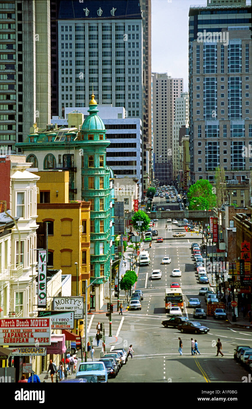 USA CA San Francisco downtown Columbus Avenue Columbus tower business district Stock Photo
