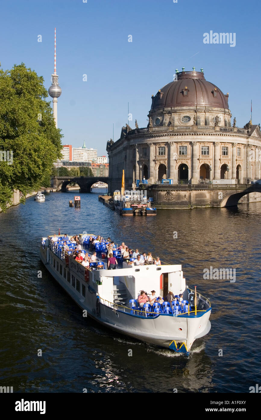Berlin Mitte Bode Museum river Spree tourist cruising boat Stock Photo