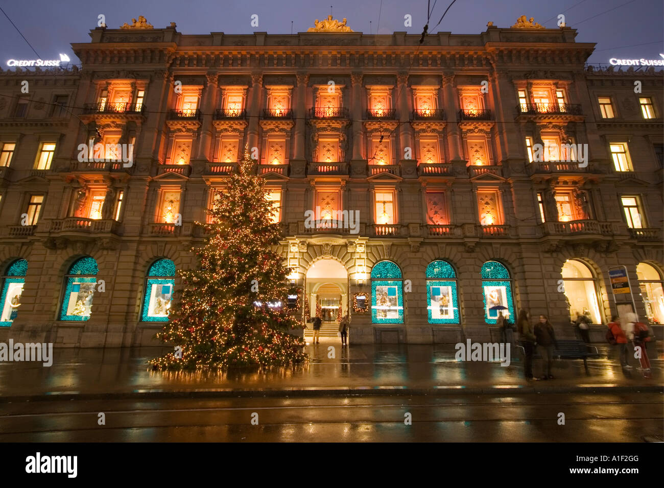 CH Zurich Bank Credit Suisse Paradeplatz christmas tree Zuerich Credit suisse Weihnachtsbaeume Stock Photo