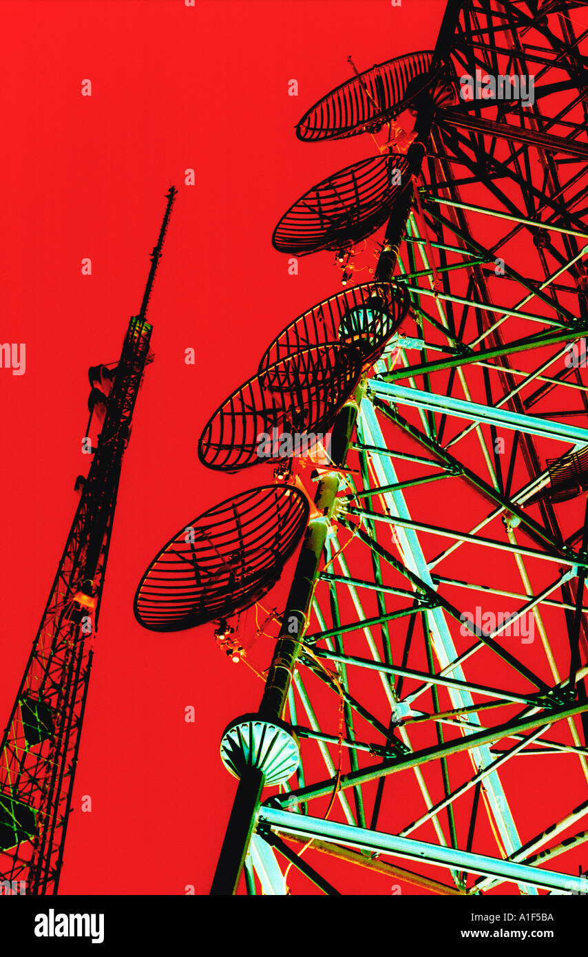 Altered color image of radio transmission towers Stock Photo Alamy