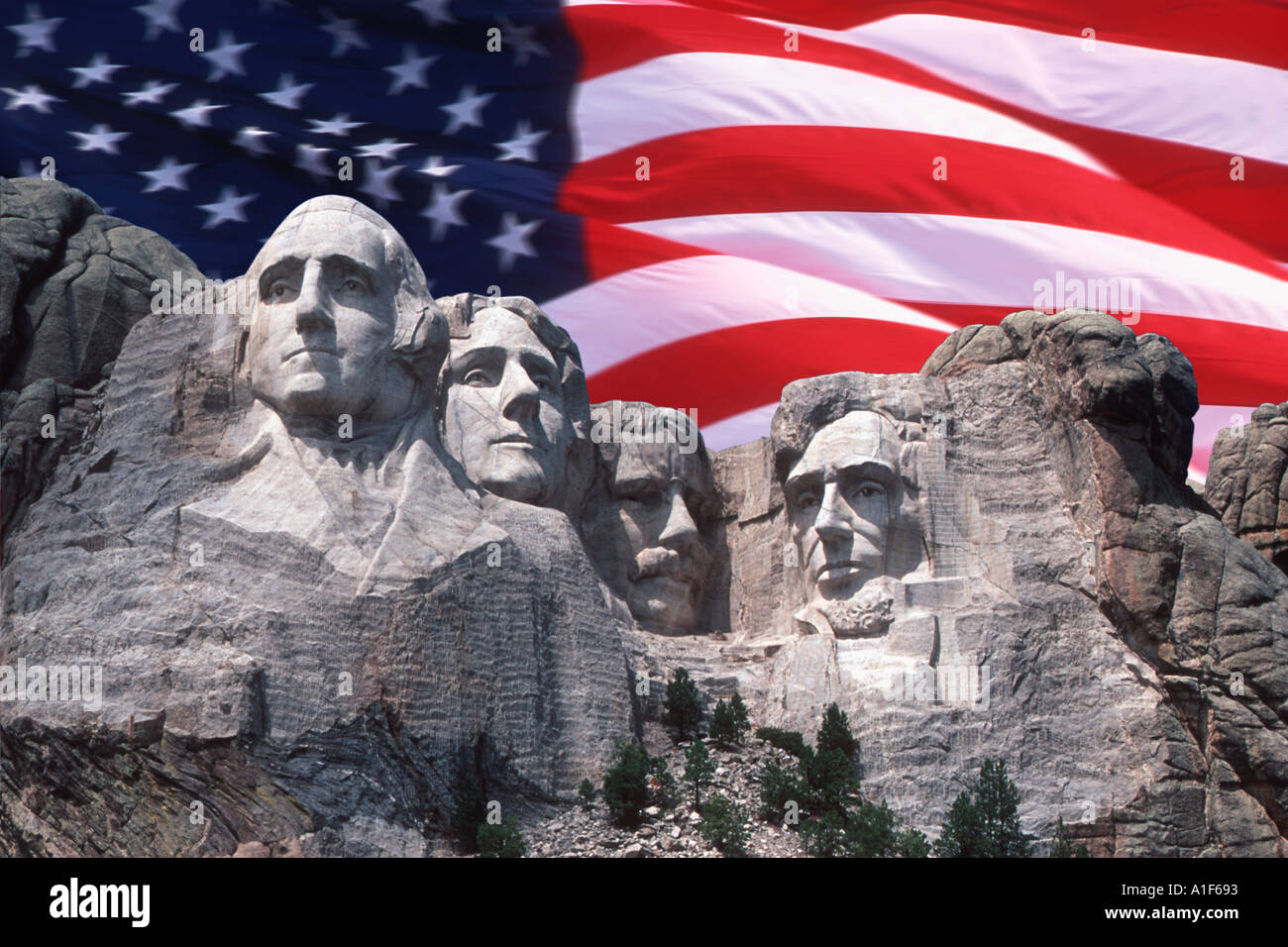 Mount Rushmore and United States of America Stars and Stripes Flag Stock Photo