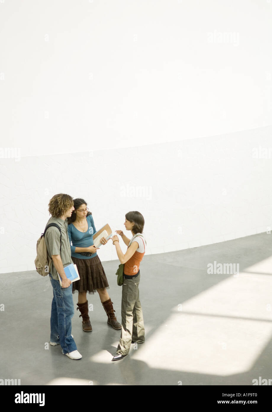 Group of students standing together, talking in lobby Stock Photo