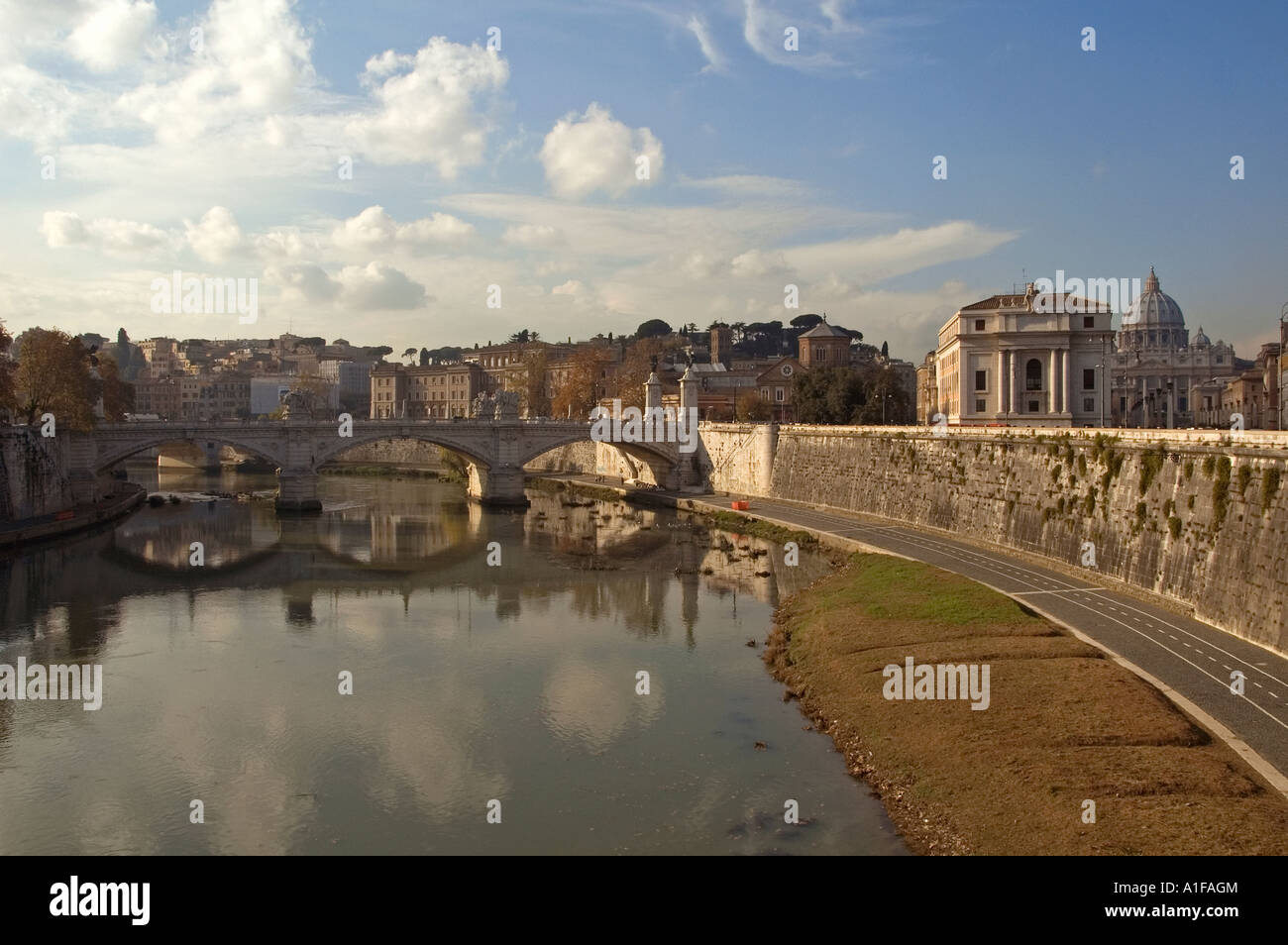 Ponte Vittorio Emanuele over Tiber river with Vatican city in background, Rome Italy Stock Photo