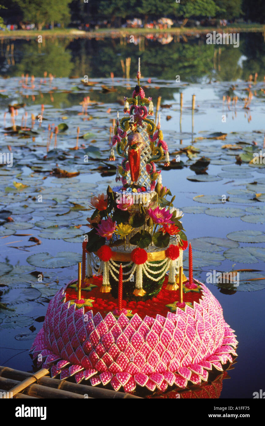Floating floral decoration at the Loy Kratong festival in Sukhothai Thailand Asia Advertasia Stock Photo