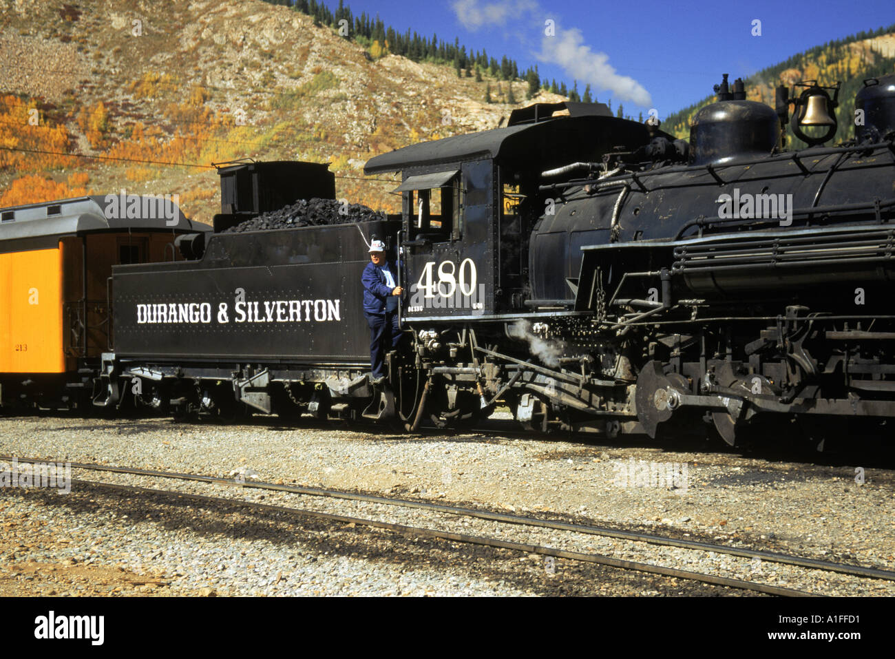 The train driver and engine of the Durango and Silverton passenger