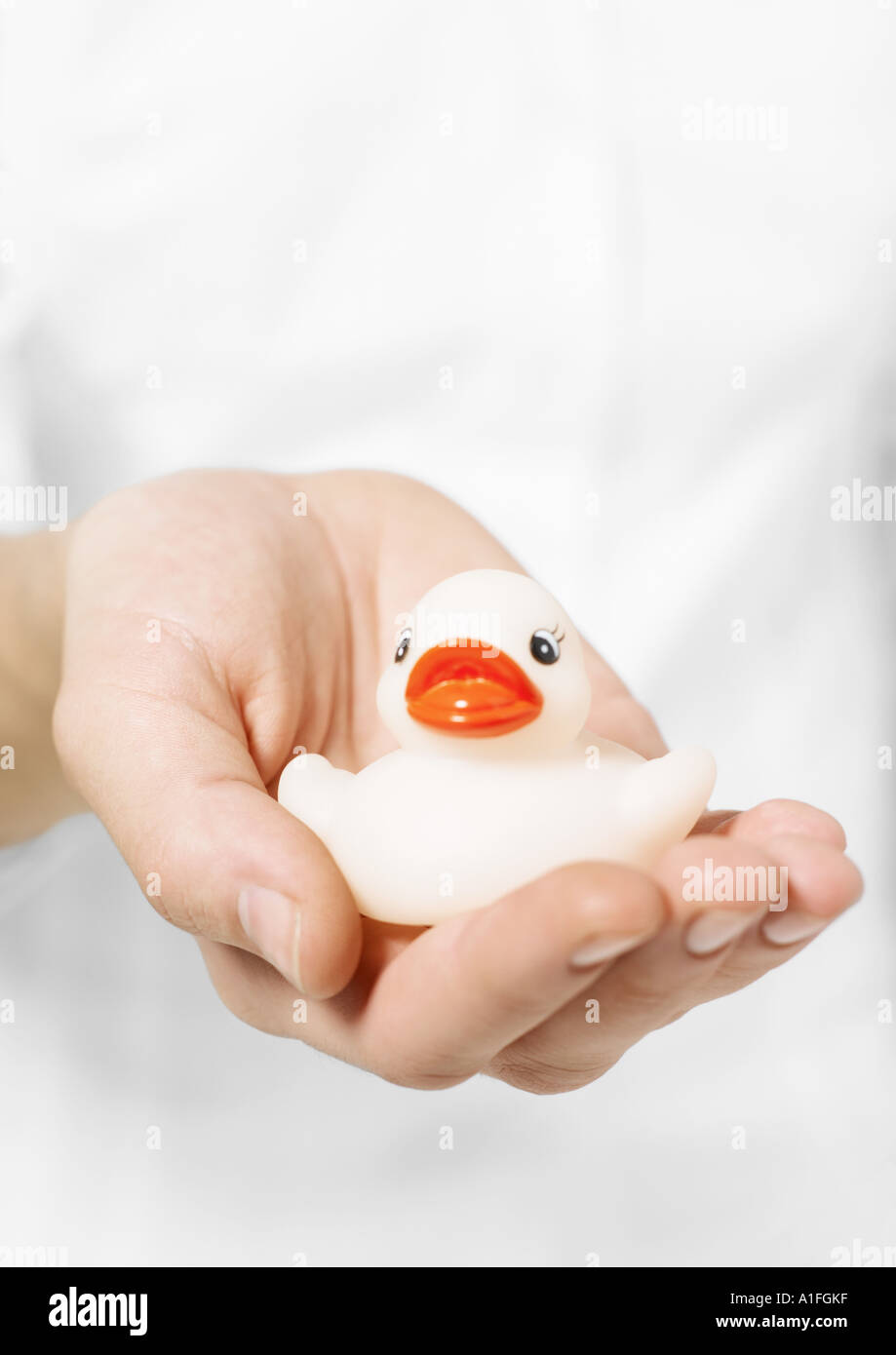 Hand holding rubber duck Stock Photo