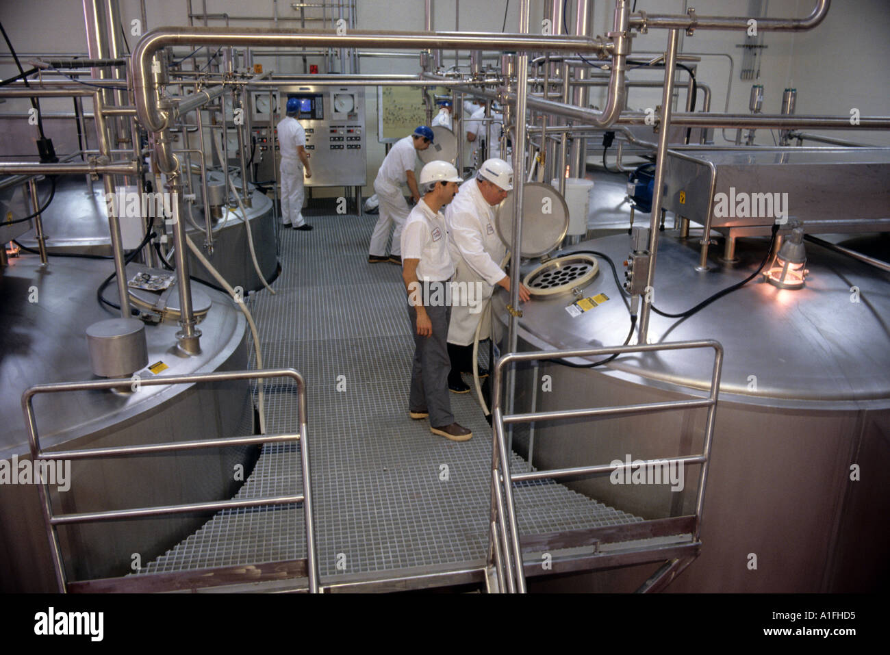 Cheese makers in a modern cheese factory Stock Photo Alamy