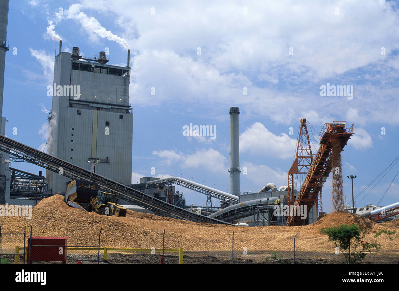 A paper mill at Stone Container in Port Wentworth Georgia Wood chips being piled as a step in manufacturing of paper  Stock Photo