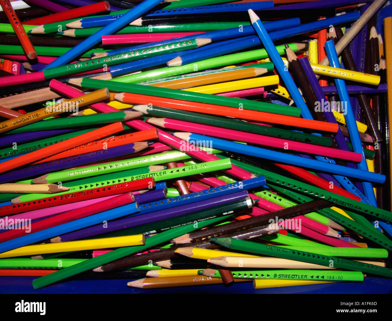 Coloured pencil crayons in a box Stock Photo