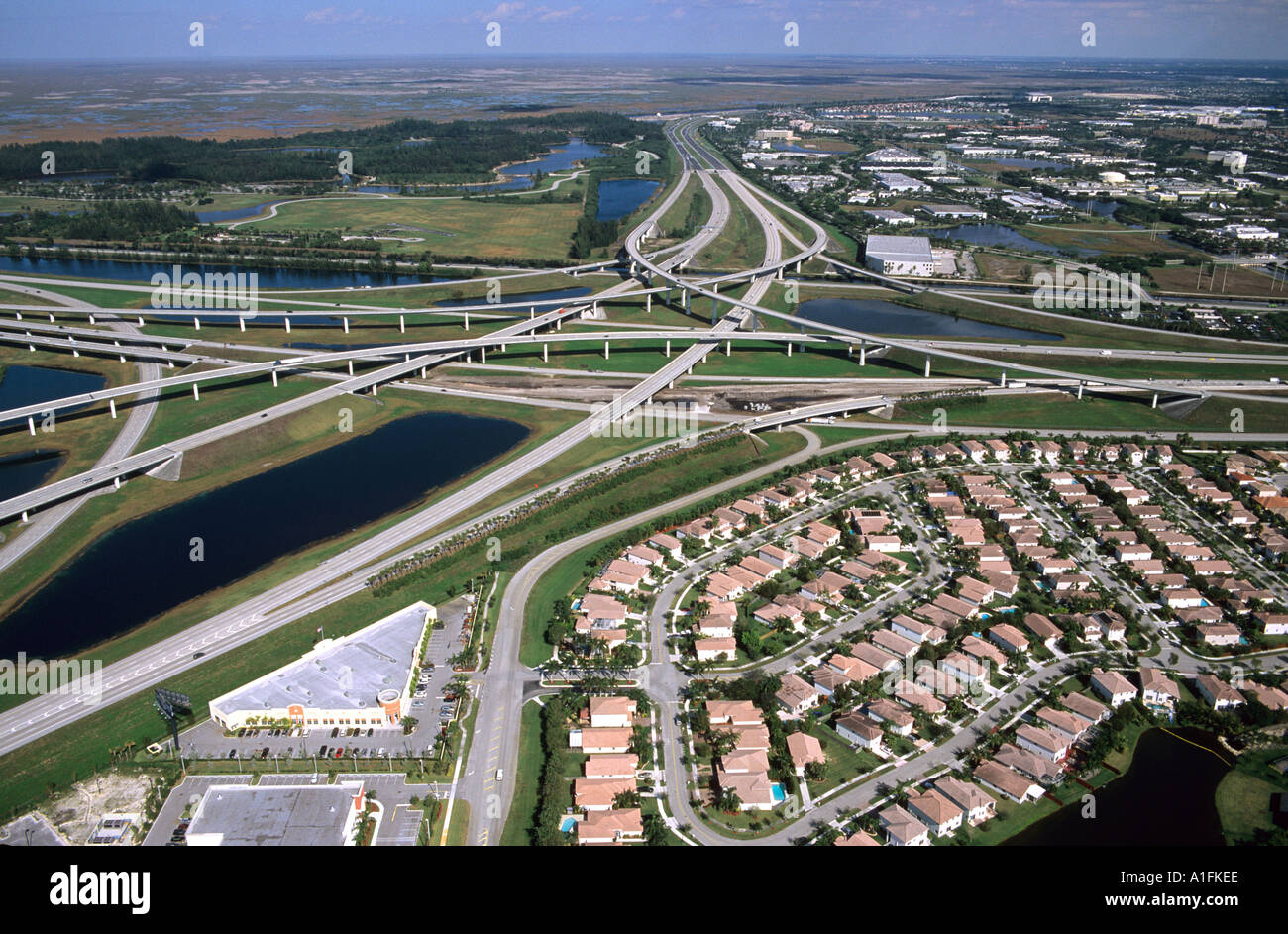 Aerial of Florida turnpike interchange on Interstate 75 alligator alley in Florida  Stock Photo