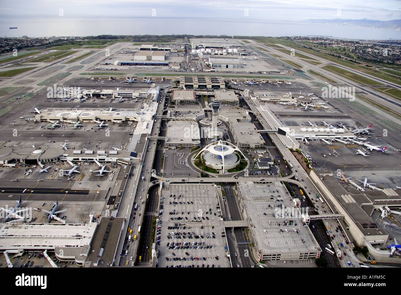 Aerial image of airplanes and runways at LAX airport Los Angeles