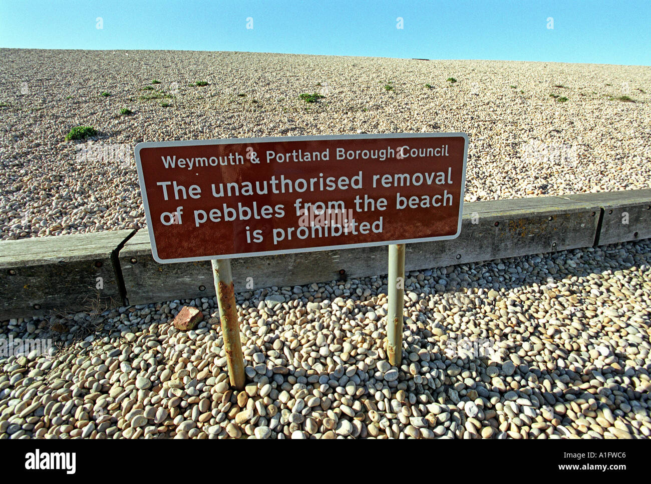 The unauthorised removal of pebbles from the beach is prohibited sign at Chesil Beach in Dorset Britain UK Stock Photo