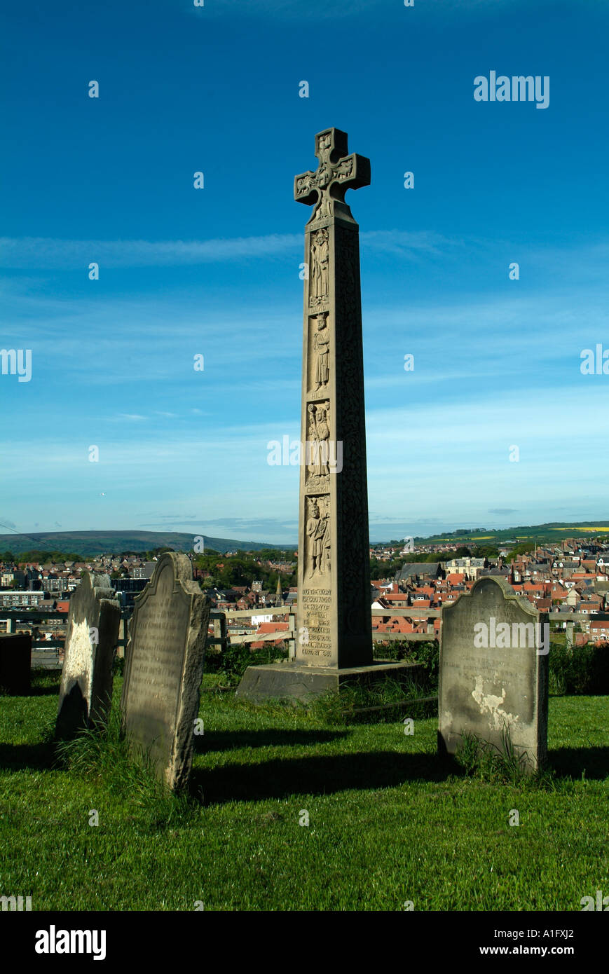 Stone Cross at St Marys Church Whitby North Yorkshire erected in memory of Caedmon Stock Photo