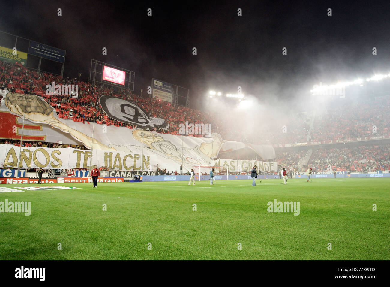Sevilla FC fans make a huge tifo before local derby against Real Betis Balompie Stock Photo