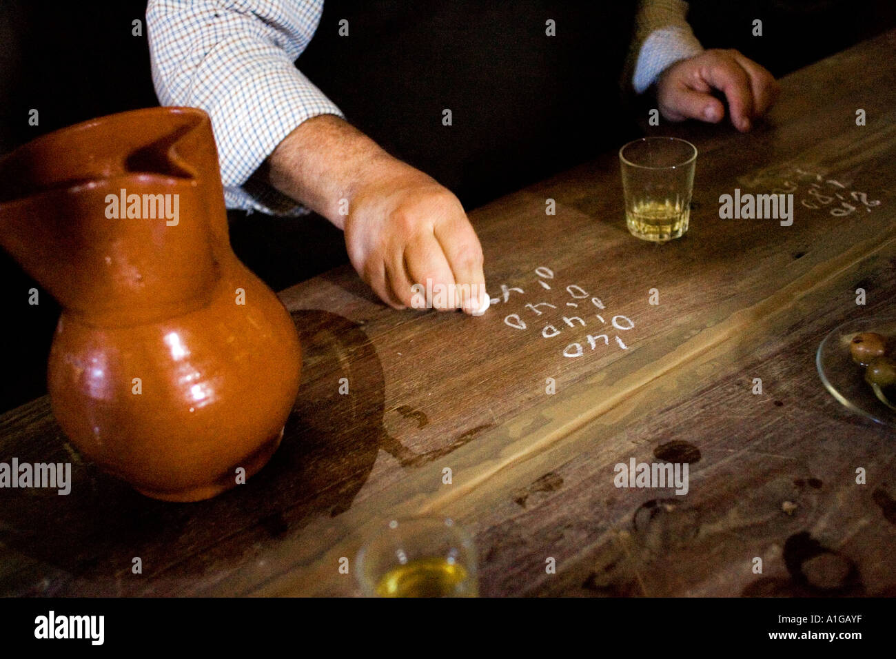 Barman calculating the bill with a chalk on a wooden bar, Spain Stock Photo  - Alamy