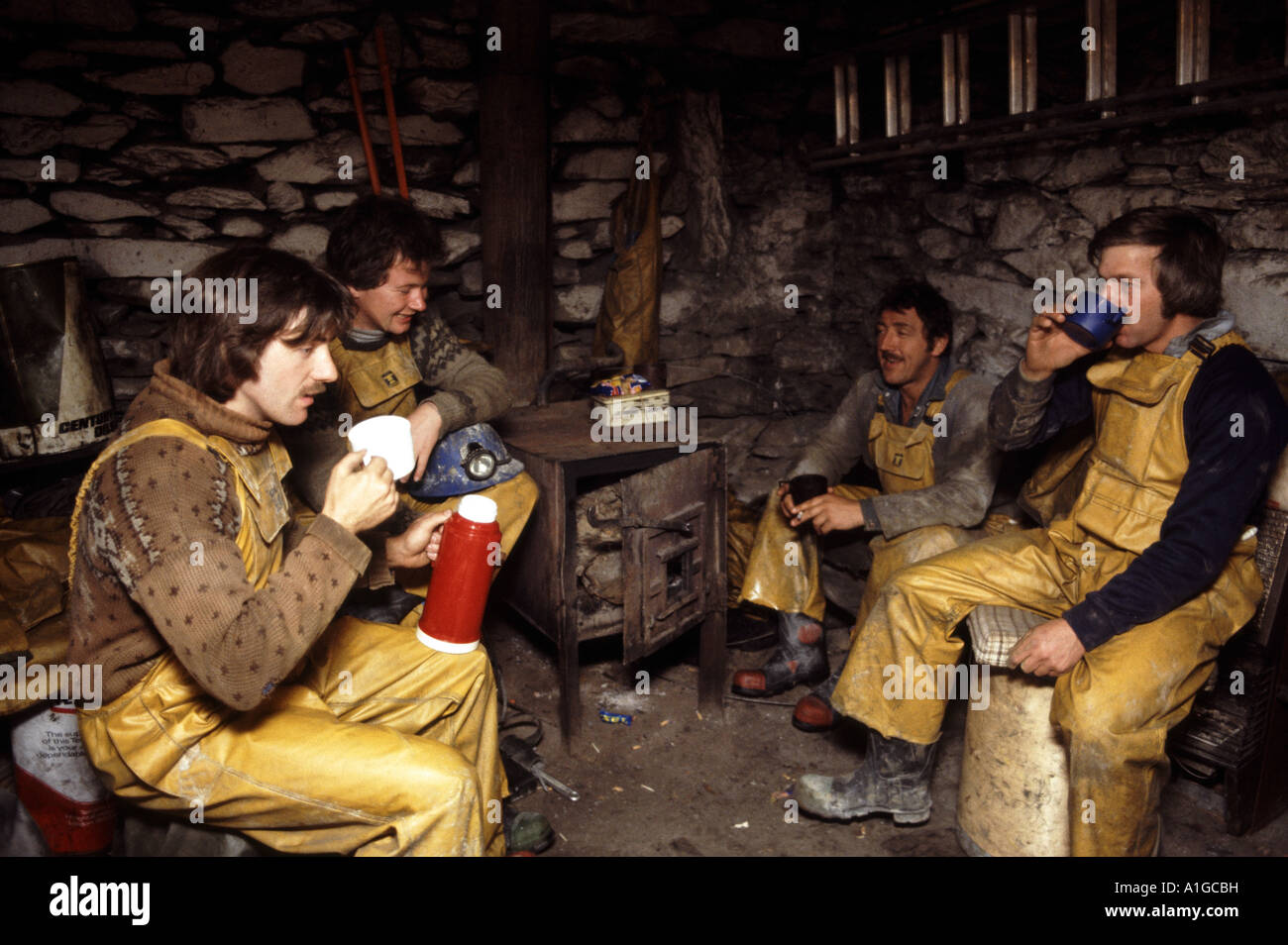 Goldminers during their lunch break Clogau Gold Mine Wales Stock Photo