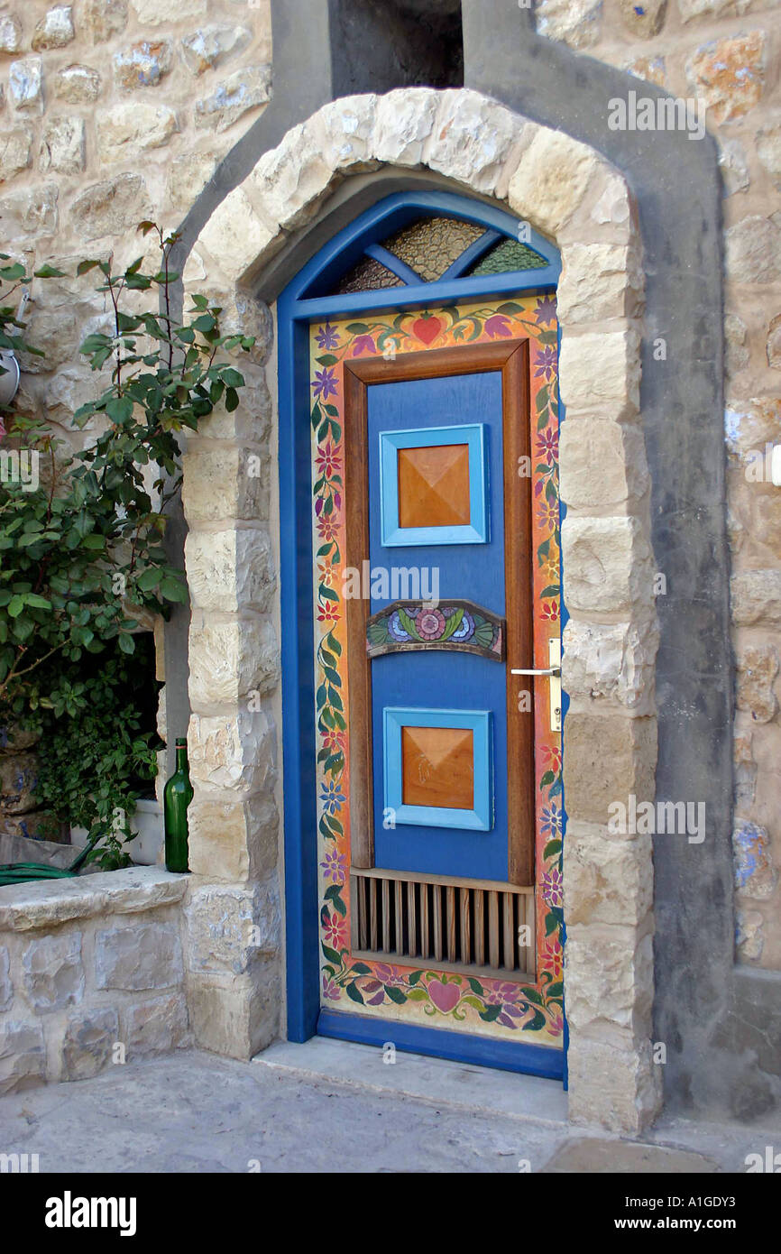 A blue door at the old city of Tzfat Israel Stock Photo