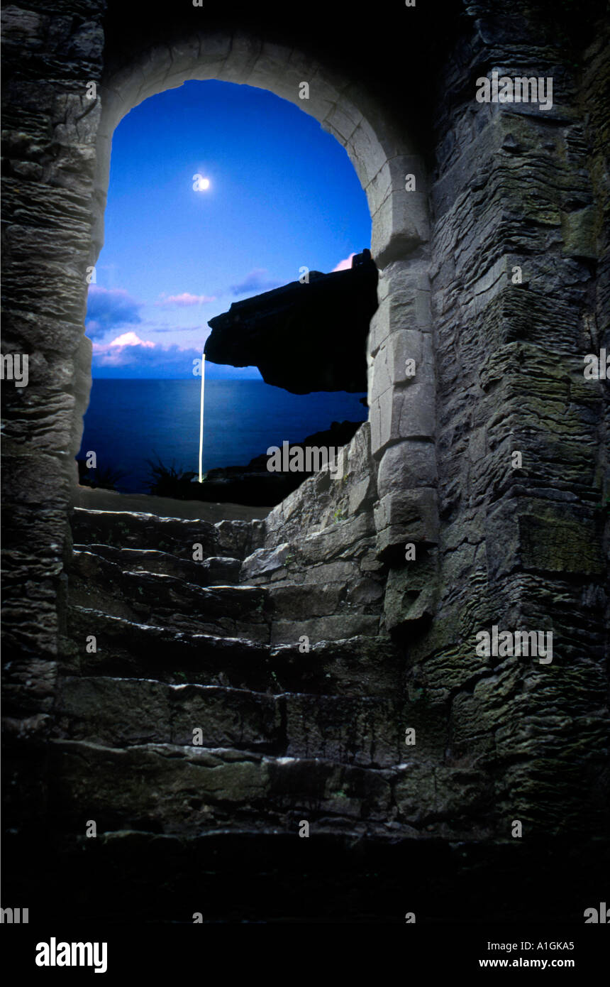 Stairway to heaven. Ancient stone castle stairs to another fantasy world. Composite  image. Stock Photo