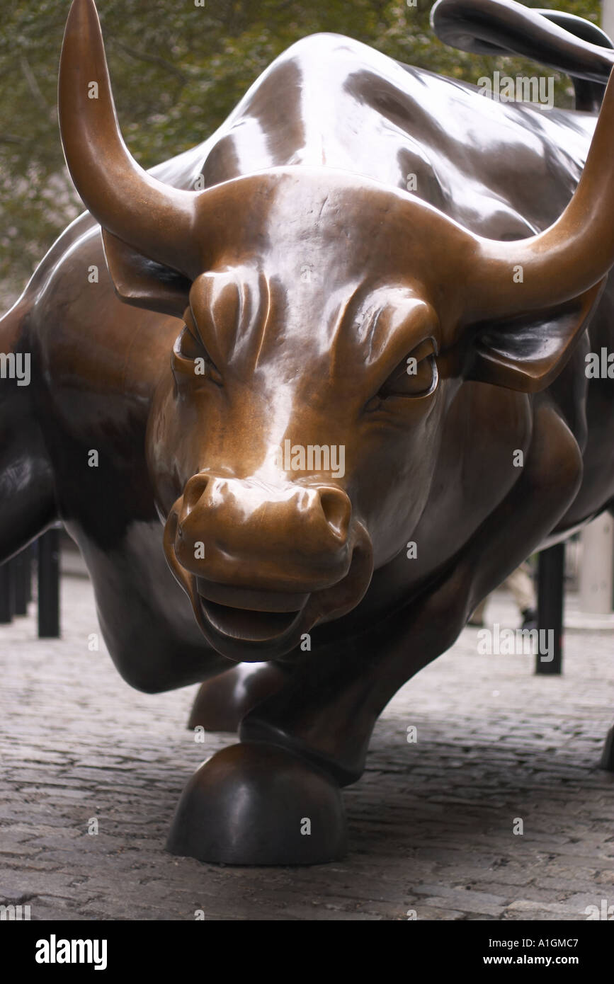 Wall Street Bull Bronze Statue Lower Manhattan New York City USA Stock Photo