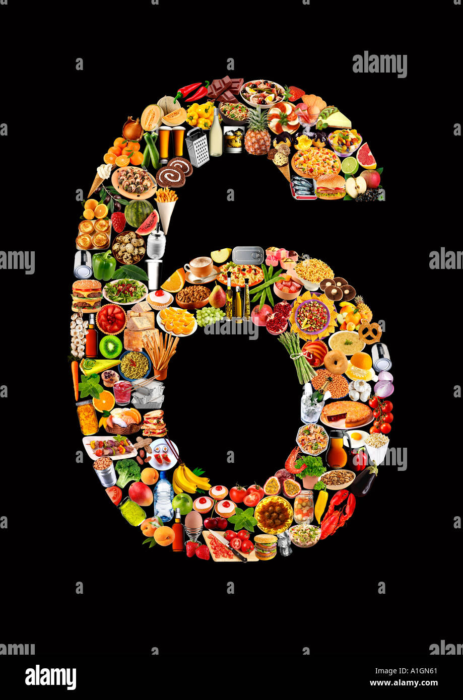FOODFONT NUMBER SIX ON BLACK Stock Photo