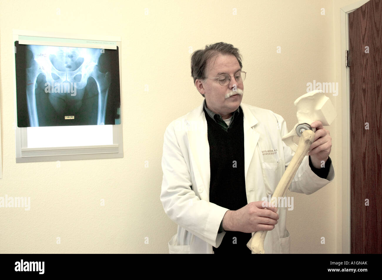 Surgeon displays 'total hip'  prosthesis, hip replacement, Nevada Stock Photo
