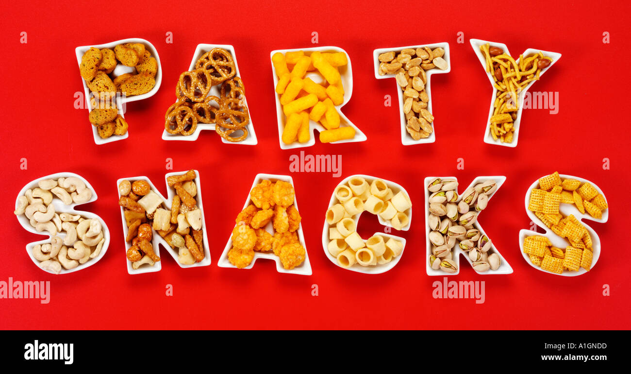 PARTY SNACKS ON RED Stock Photo