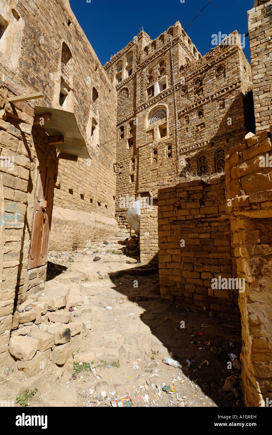 decorated stone houses in the old town of Thula Yemen Stock Photo