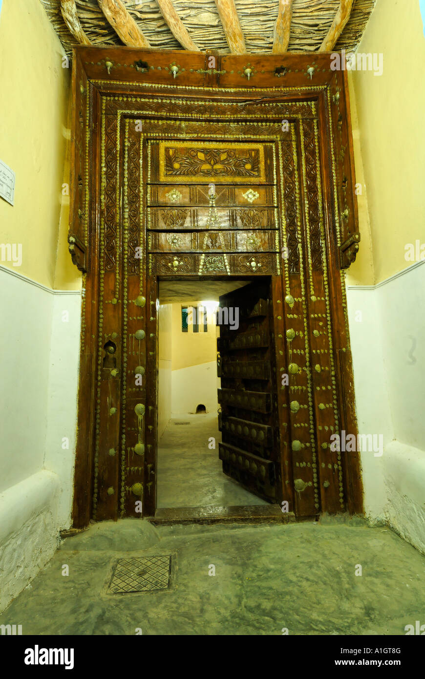 historic door at Bait Bugshan Khaylla Khaylah village Wadi Doan Yemen Stock Photo
