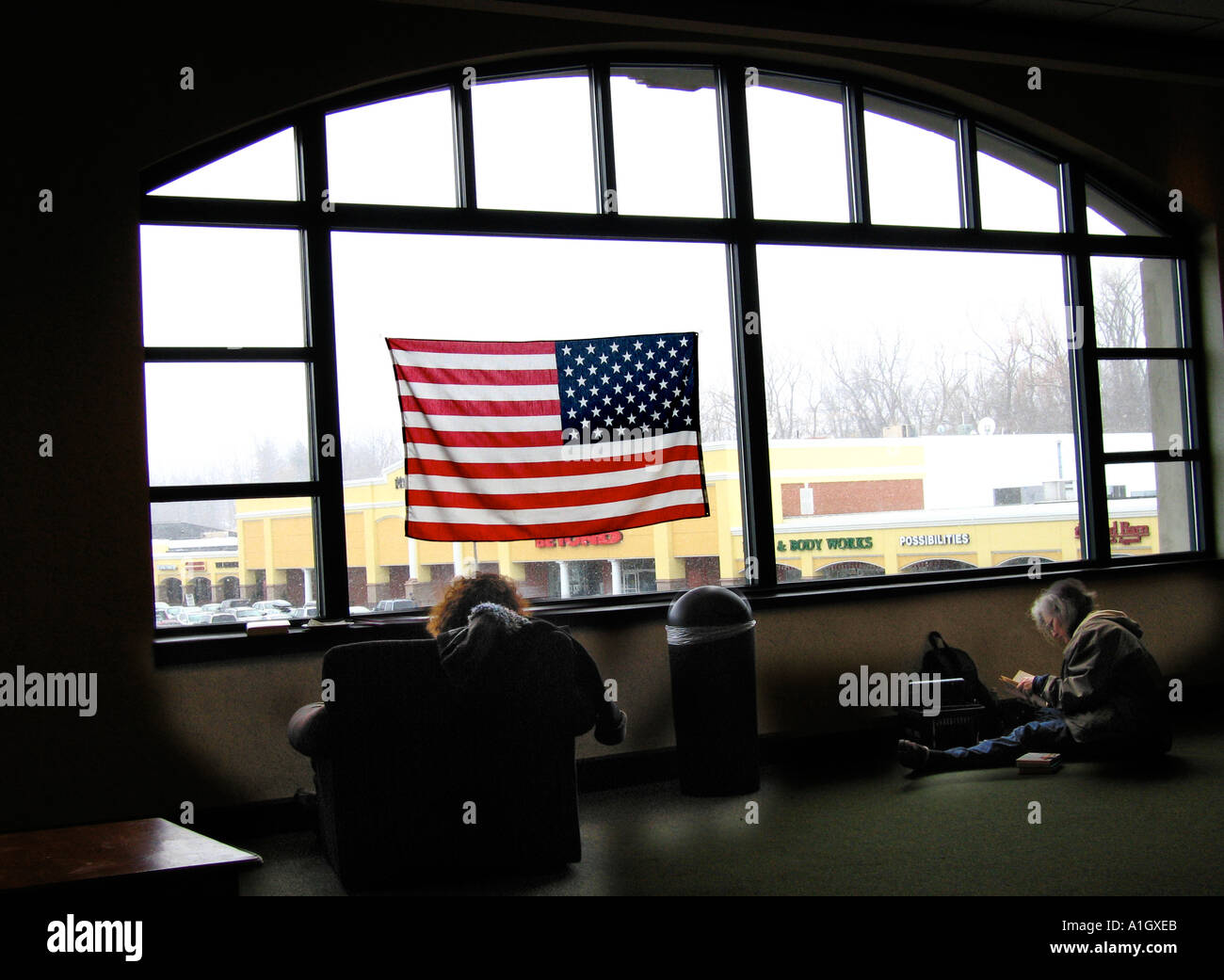 American flag in bookstore window Stock Photo