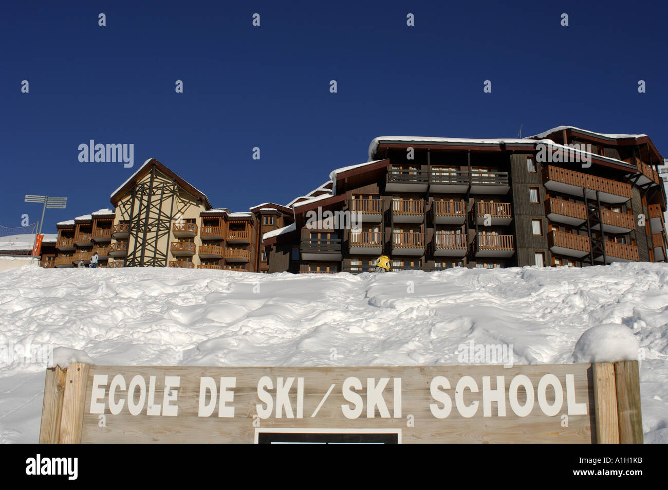 ski school sign in french alpine ski resort of belle plagne Stock Photo